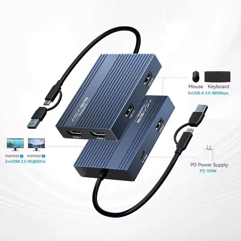 Acasis USB-C DisplayLink Dual 4K 60Hz HDMI Adapter – Dual Monitor Hub for Mac & PC