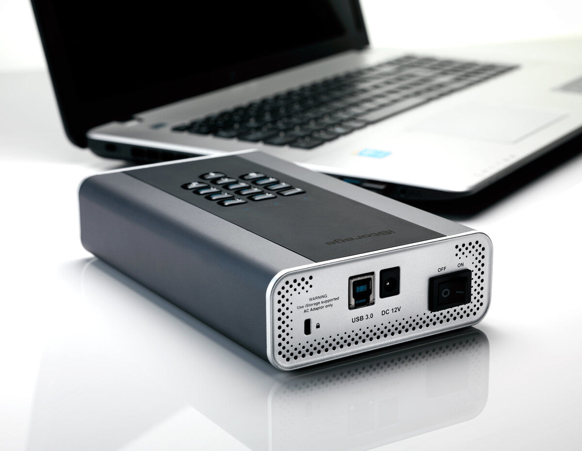 iStorage diskAshur DT2 — rear panel showing USB 3.0 and DC 12V ports