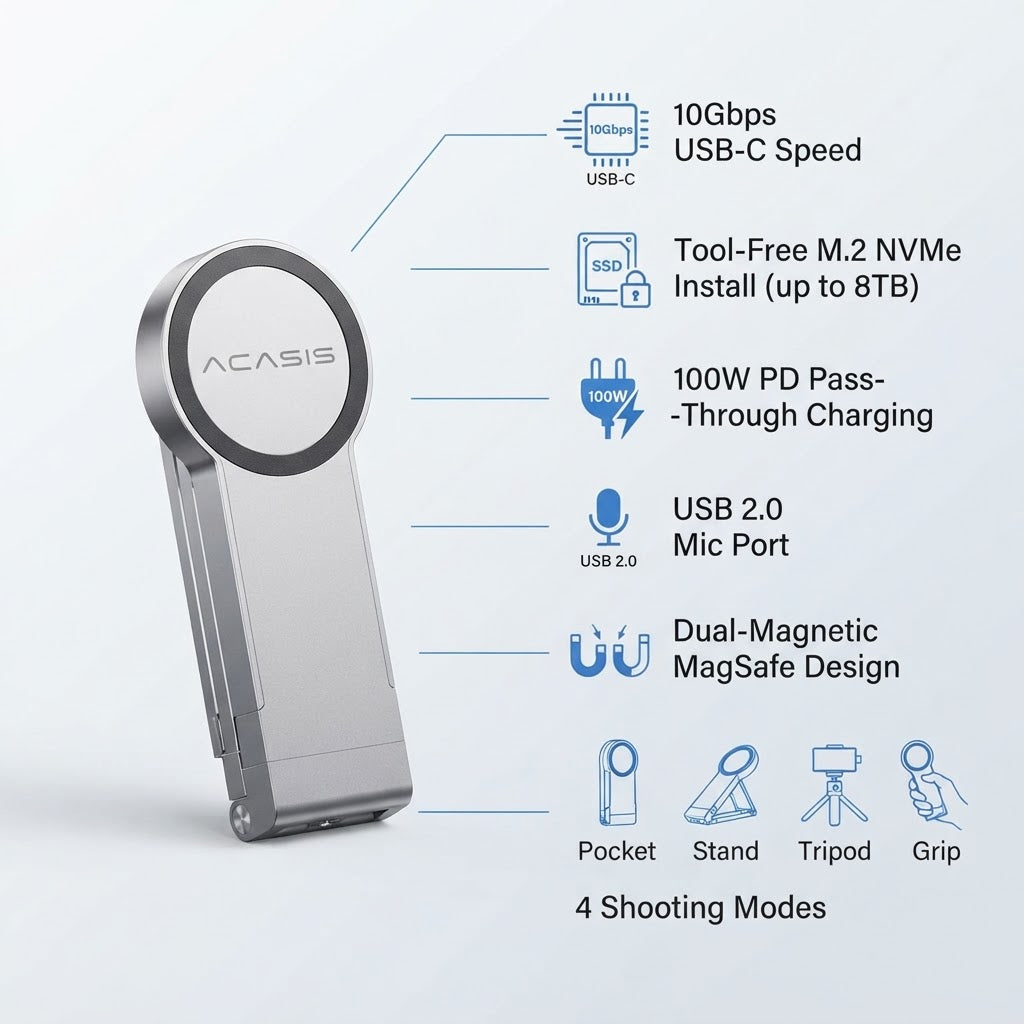 Acasis MagSafe iPhone Stand and SSD Enclosure key features