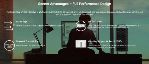 Sonnet Fusion Dual U.2 SSD PCIe Card with Two U.2 NVMe SSD Connectors On a PCIe 3.0 x16 Card, add your own U.2 SSDs