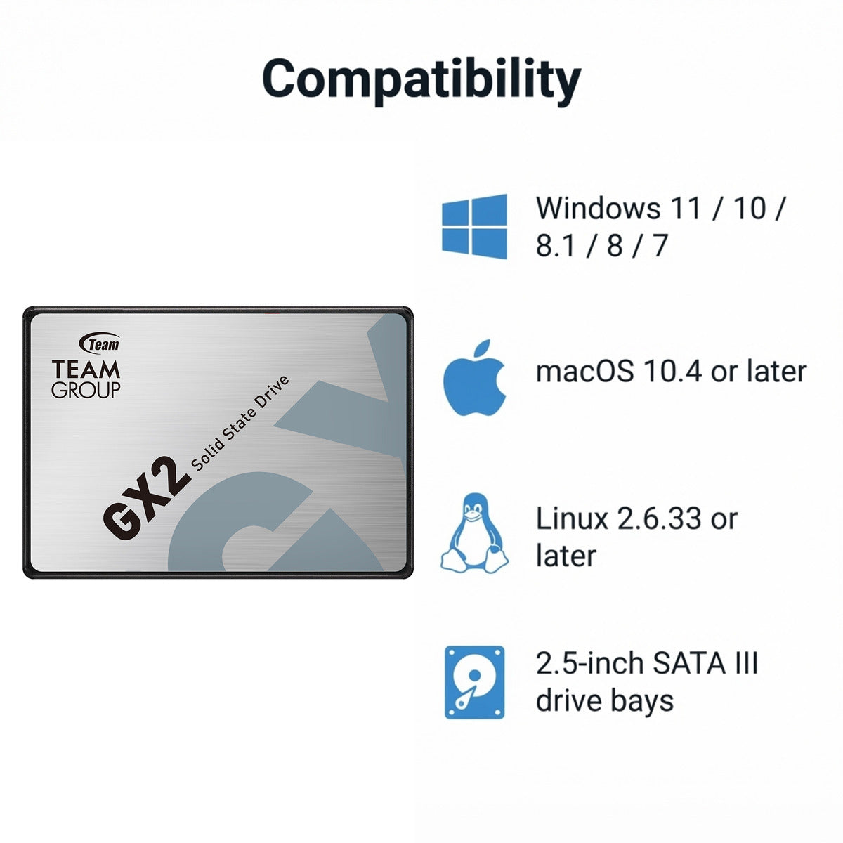 TEAMGROUP GX2 SSD compatibility: Windows, macOS, Linux and 2.5-inch SATA III drive bays