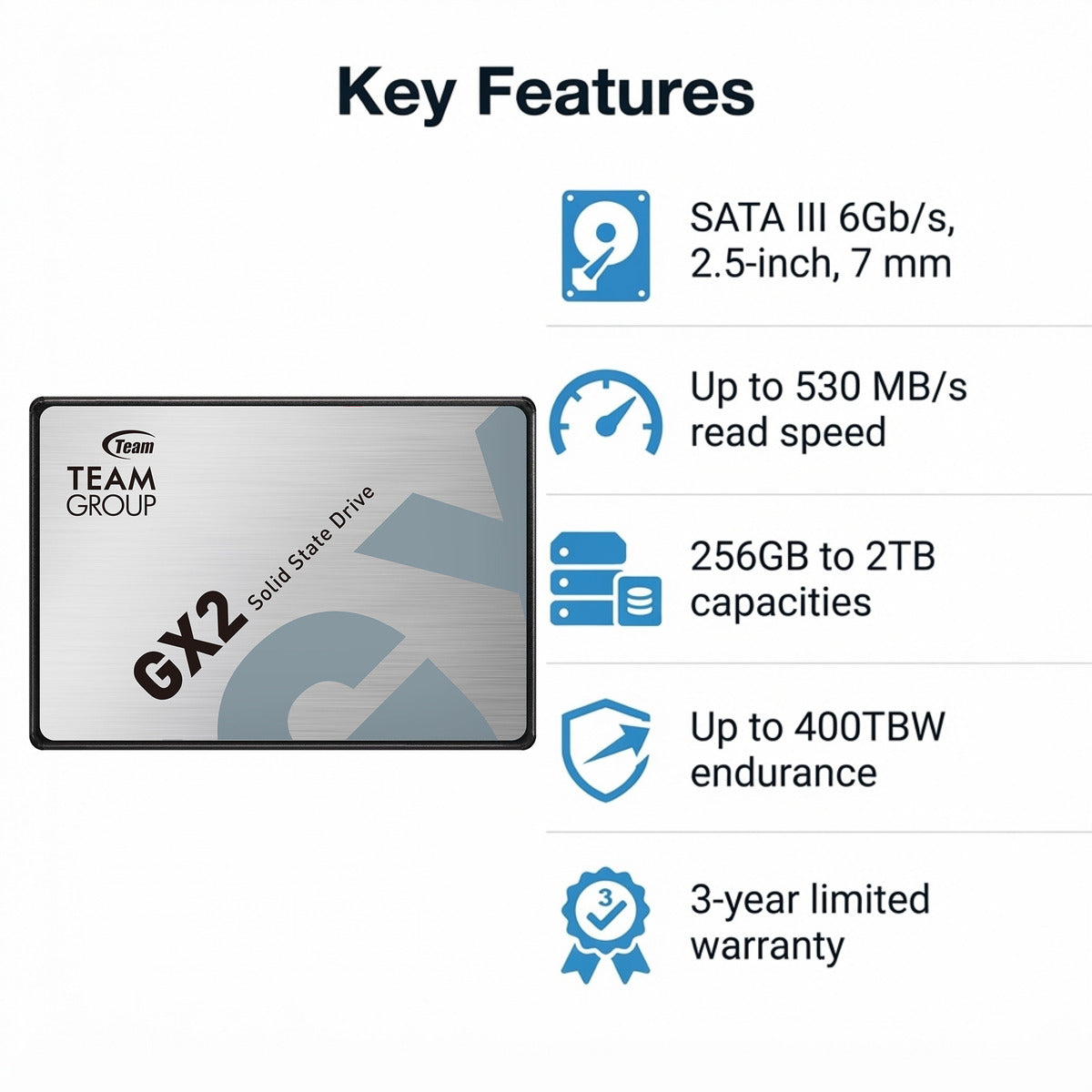 TEAMGROUP GX2 SSD key features: SATA III, up to 530 MB/s read, 256GB to 2TB, up to 400TBW, 3-year warranty