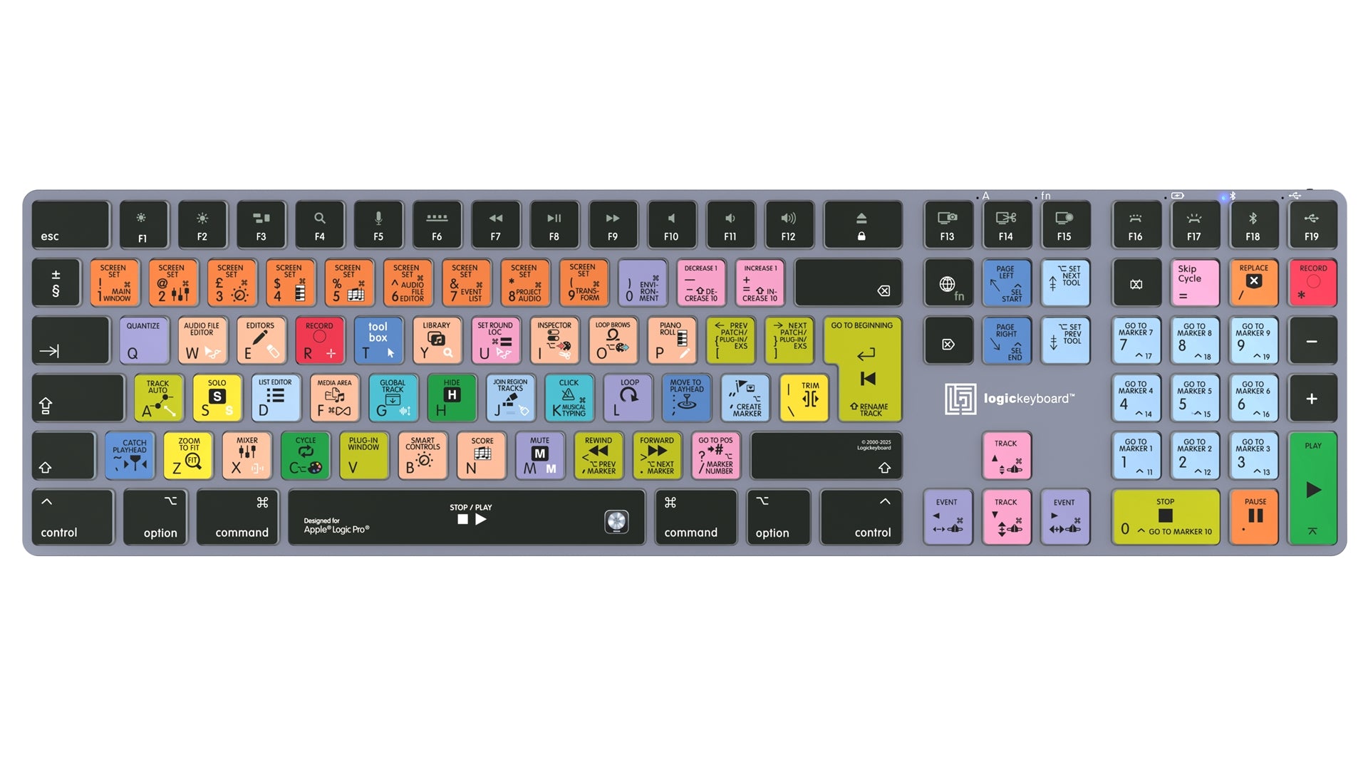 Logickeyboard TITAN Logic Pro Mac keyboard - colour-coded shortcut keys close-up
