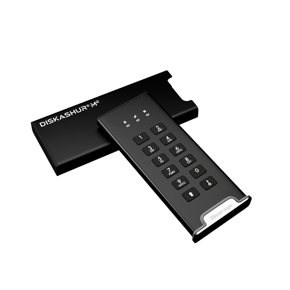 iStorage diskAshur M2 — drive with protective sleeve and PIN keypad