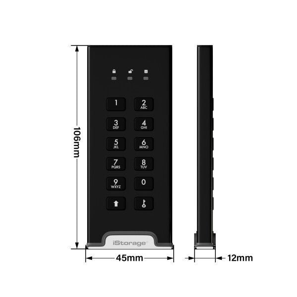 iStorage diskAshur M2 — dimensions with keypad: 106 x 45 x 12mm