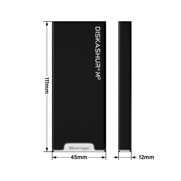 iStorage diskAshur M2 — dimensions without sleeve: 111 x 45 x 12mm
