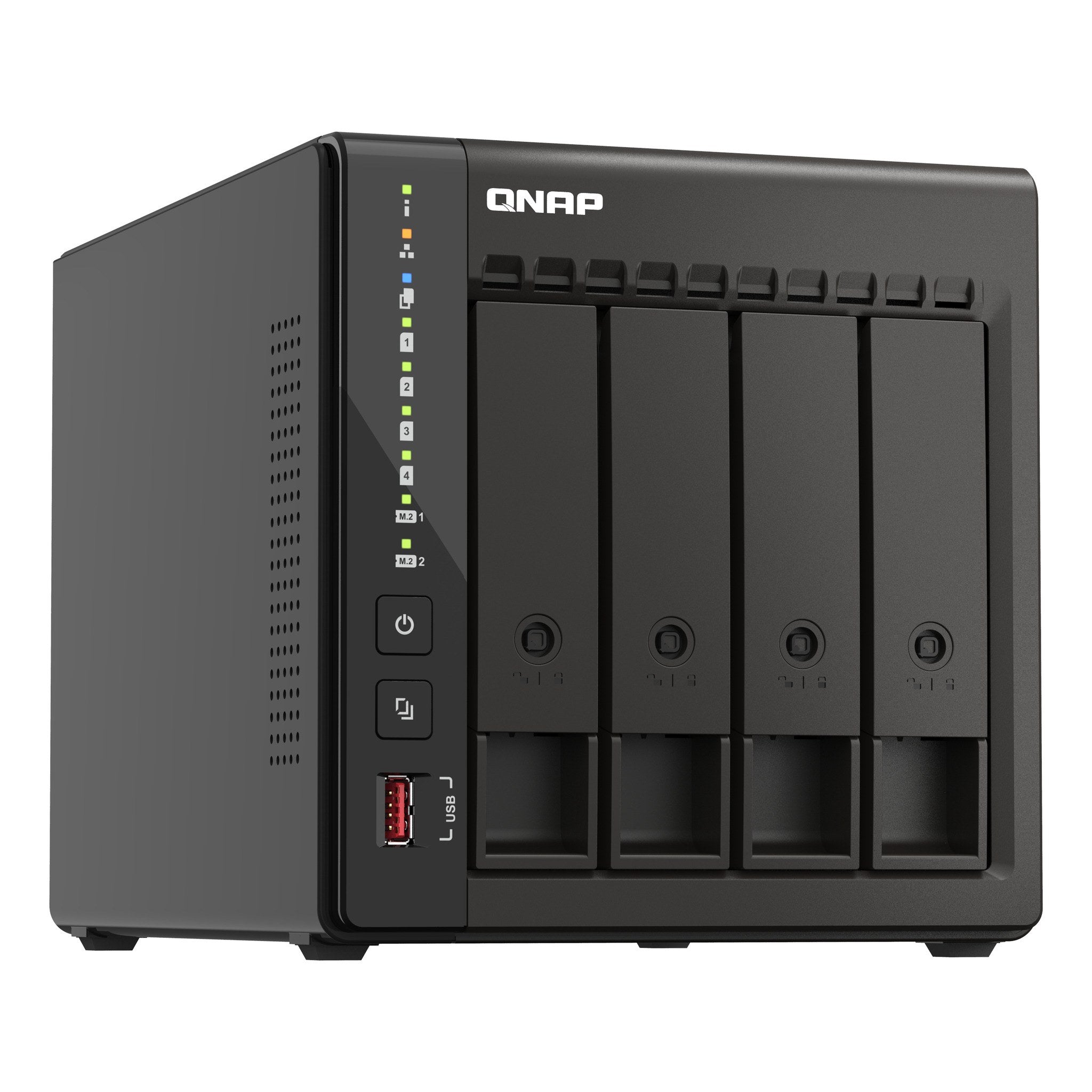 QNAP TS-453E-8G front angle view showing drive bays