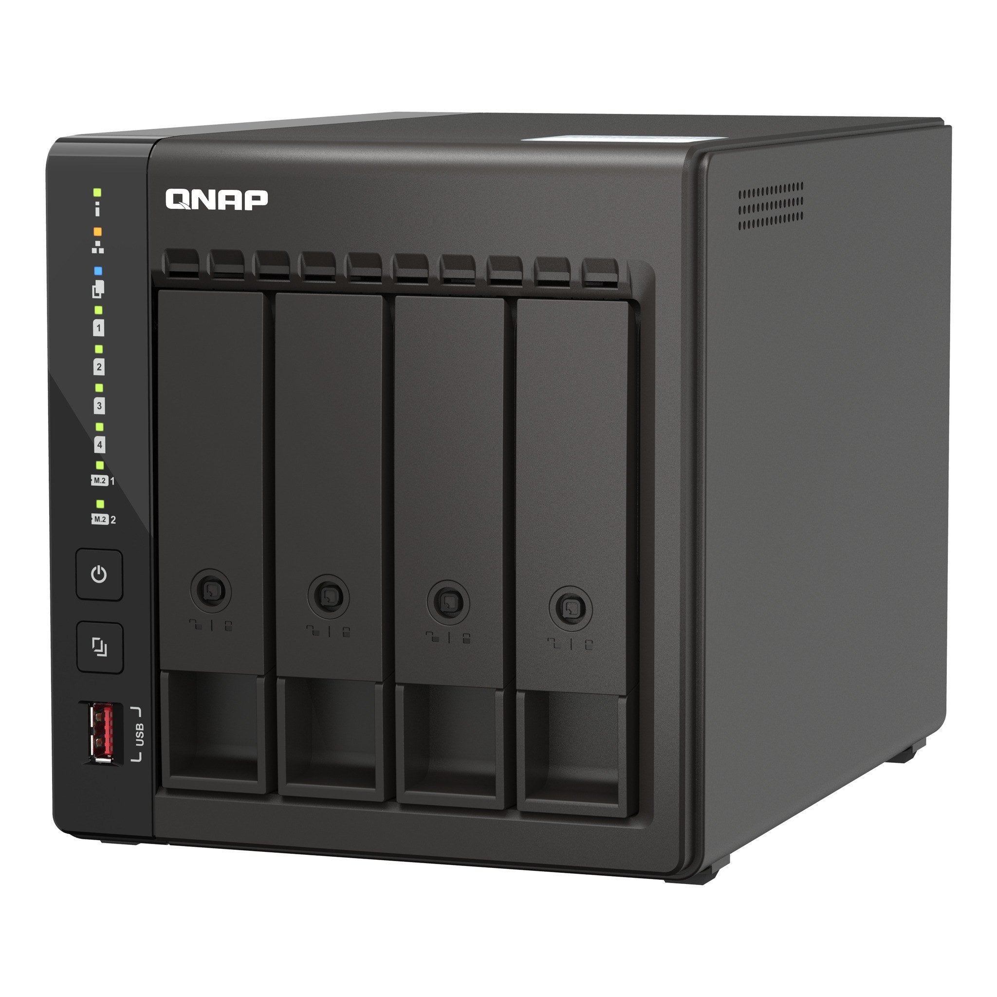 QNAP TS-453E-8G front angle with LED indicators visible