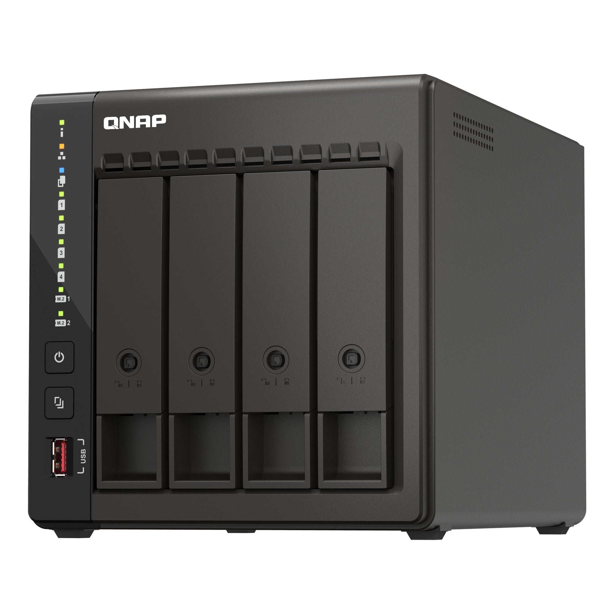 QNAP TS-453E-8G front angle drive bay detail