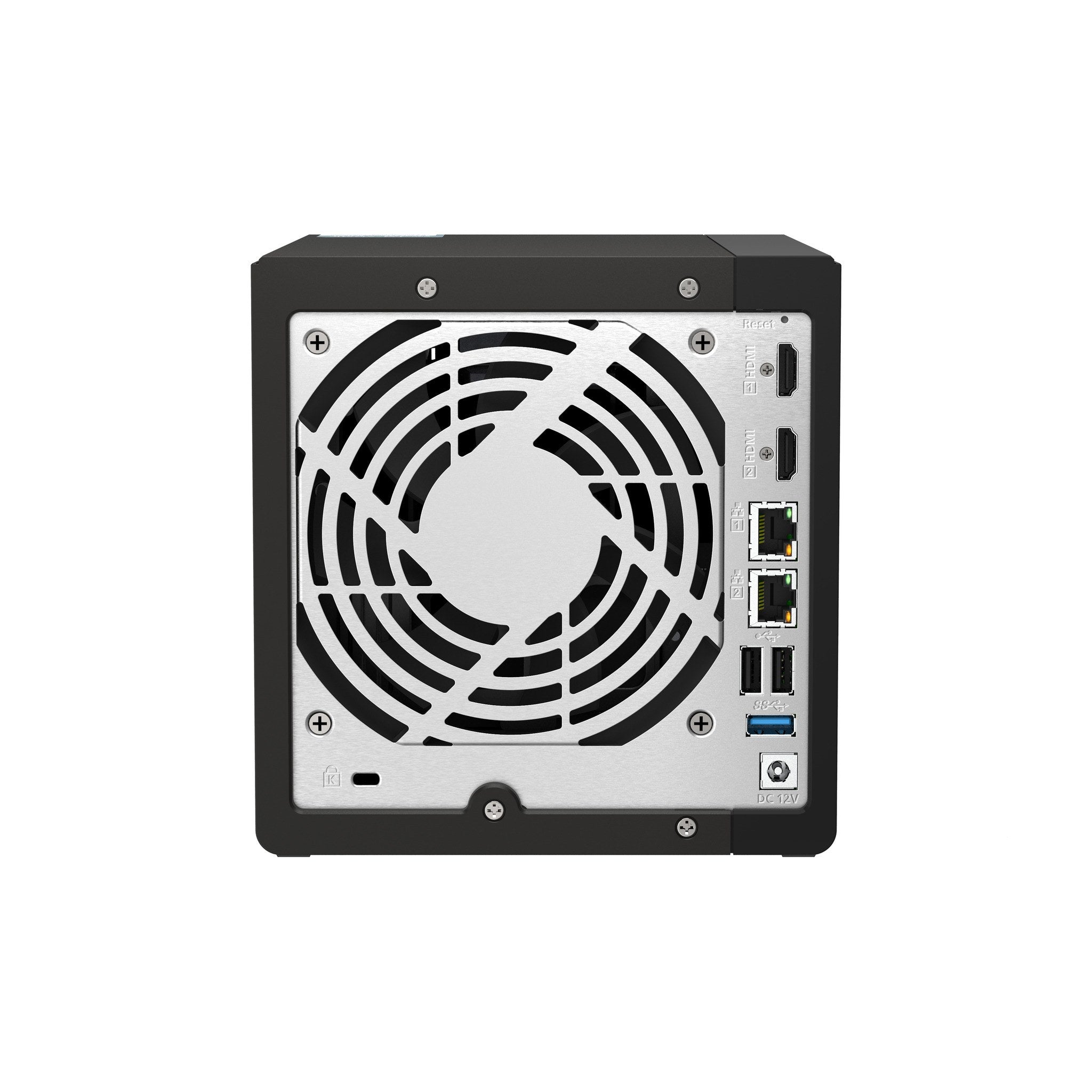 QNAP TS-453E-8G rear panel showing HDMI, LAN, USB ports