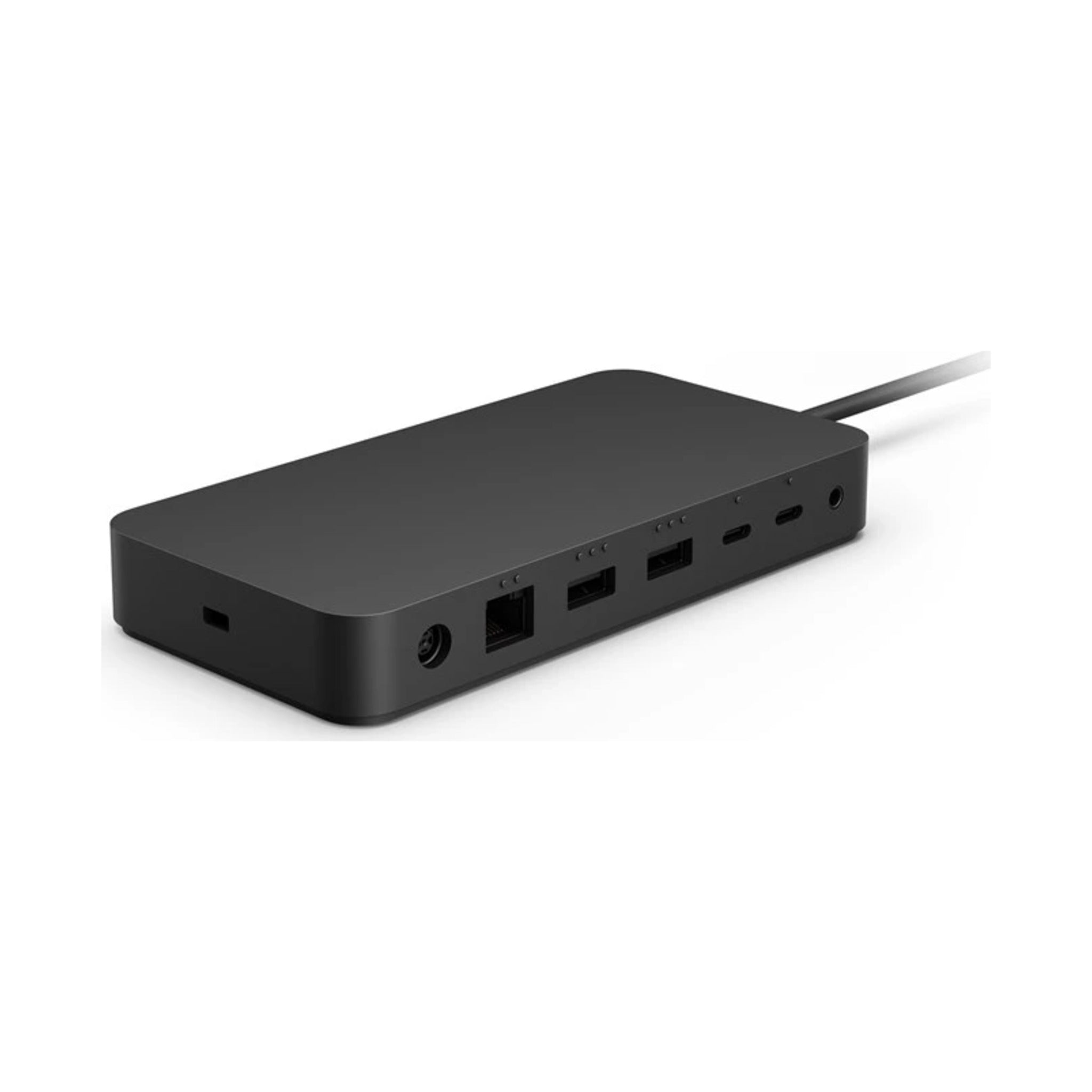Microsoft Surface Thunderbolt 4 Dock angled overview showing security lock slot and all ports