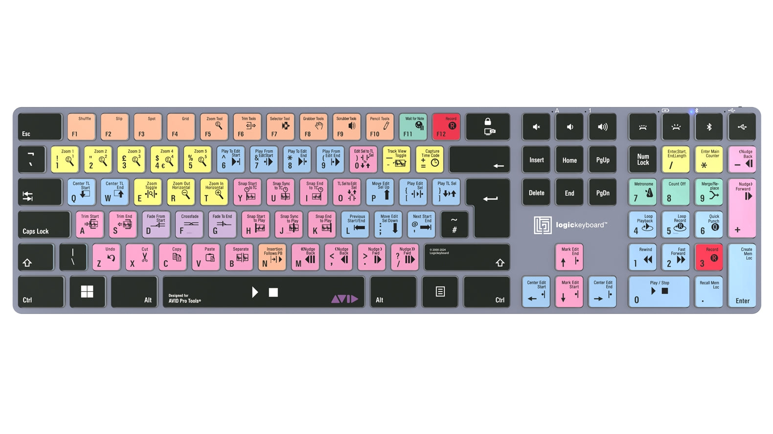 Logickeyboard TITAN Pro Tools Windows keyboard - colour-coded shortcut keys close-up